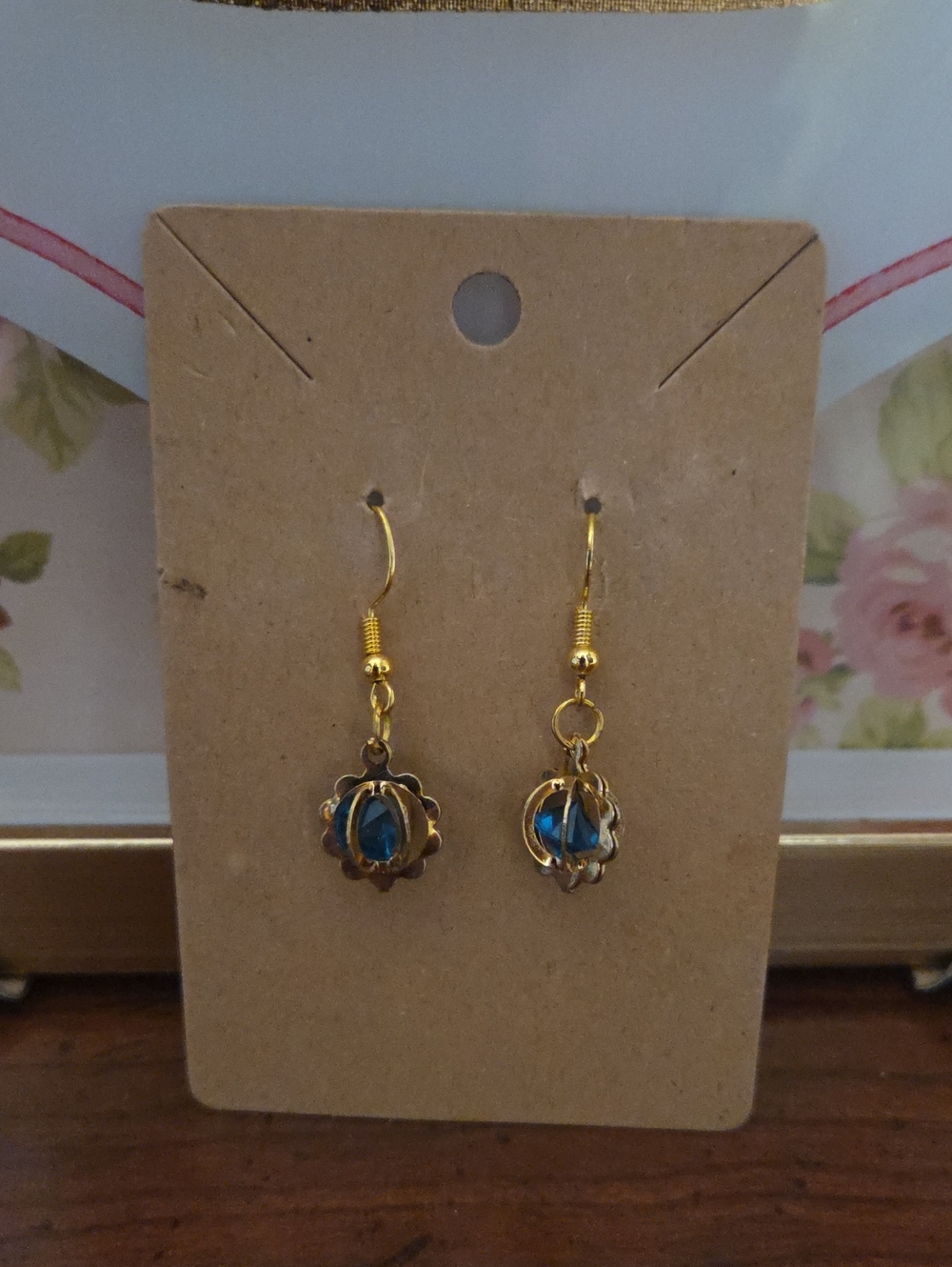 Handmade Gold Drop Earrings with Blue Gemstone Accent